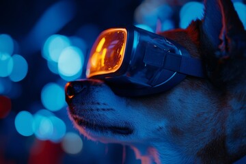 A cute little dog in virtual reality glasses with glowing eyes stands out against a neon space background in metaverse