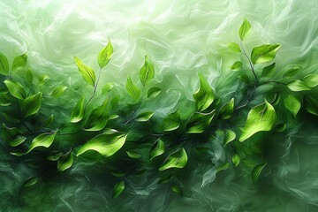 A vibrant green abstract composition featuring leaves and a soft, flowing background.