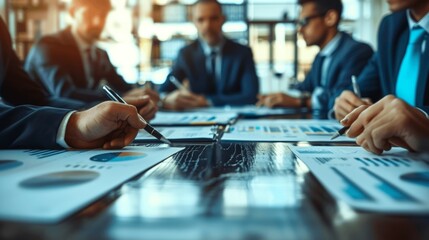 Team meeting and discussion at office table with documents and graphs, corporate employees brainstorming and planning project together in workplace