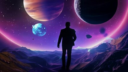 Wall Mural - futuristic man Artistic universe planets 3d walks stars abstract walking space people cosmos network computer future reality artificial intelligence technology science sun light number planet globe s