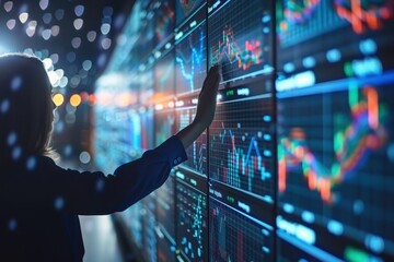 Wall Mural - a woman is touching a screen with a lot of numbers on it