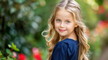 Wall Mural - A trendy young girl in blue, with long blonde hair and gray eyes, embodies childhood beauty against a vibrant backdrop.