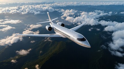 An elegant private aircraft soars gracefully amidst breathtaking clouds and rugged mountains, representing the pinnacle of luxury and modern air travel.