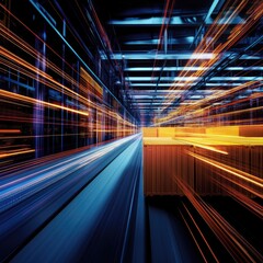 Wall Mural - a vibrant motion blur of light trails in a warehouse, illustrating speed and modern logistics in a d