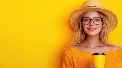 A woman in a vibrant yellow background holds a takeaway coffee cup, wearing a straw hat and stylish glasses, evoking a sunny, cheerful, trendy vibe.