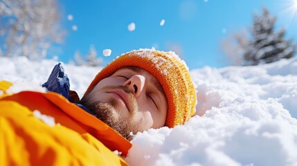 A man wearing an orange jacket and a knit hat rests with closed eyes on a snow-covered field under a clear blue sky, capturing a moment of tranquil winter serenity.