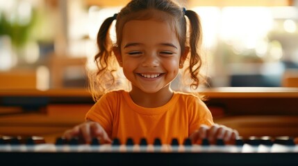 A cheerful young girl with pigtails and wearing an orange shirt is smiling while playing a keyboard indoors, capturing her joy and enthusiasm for music.