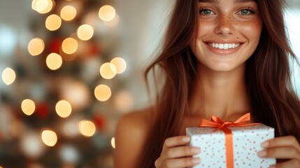 A young woman with long hair joyfully holds a beautifully wrapped Christmas gift, standing in front of a dazzling Christmas tree adorned with twinkling lights.