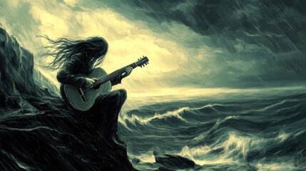 A lone figure with long hair sits on a cliff playing a guitar, with a stormy sea and dark clouds in the background.