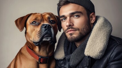 a fashionable man with a beard poses alongside a loyal dog, both dressed warmly for winter in stylis