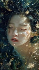 Wall Mural - Dreamy Underwater Portrait of a Woman with Gold Accents