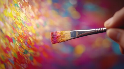 A closeup of a brush touching the canvas, capturing the vibrant colors in soft focus for a dreamy art feel.