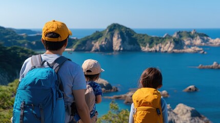 A young family with children admires the breathtaking seaside landscape with rocky islands, dressed in casual outdoor attire, enjoying a sunny summer day.