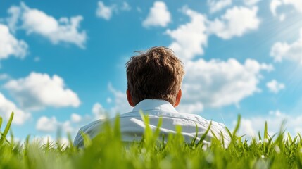 A man relaxes in a lush green field, looking up at a blue sky dotted with white clouds, embracing nature's tranquility and a sense of freedom and relaxation.