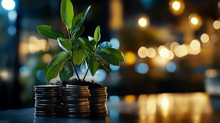 Two green plants sprout from a stack of silver coins, symbolizing financial growth and prosperity, with a blurred background of warm lights.