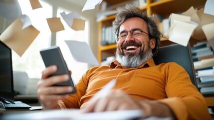 A bearded man in casual attire laughs joyfully while looking at his smartphone, surrounded by scattered papers, in an office environment, creating a dynamic scene.