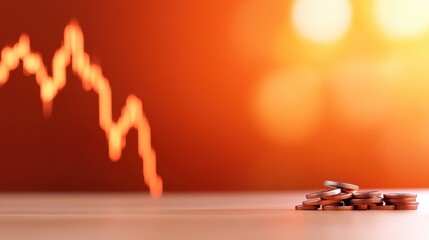 A vivid image of coins stacked on a table, set against the backdrop of a stock market graph. The scene represents financial dynamics and economic trends.