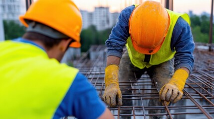 Two construction workers, wearing hardhats and gloves, diligently shape concrete on reinforced steel, symbolizing strength and stability in modern architecture.