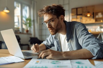 Man in Glasses Working on Laptop in Bright Office, Analyzing Cadastral Map and Drawing Graphs for Building Plot Project