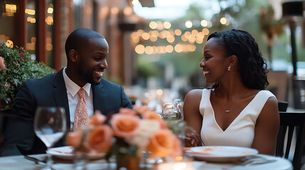 A man and woman are sitting at a table with a vase of flowers in front of them