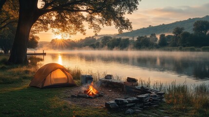 Leinwandbilder - A serene camping spot by the river features a tent and crackling campfire as the sun rises, casting a warm glow over the misty landscape and surrounding trees.