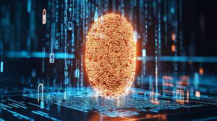 giant fingerprint hovers above computer screen, symbolizing digital security and identity verification. vibrant orange fingerprint contrasts with blue digital background, creating striking visual