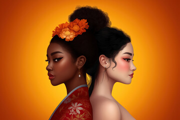 Two women in colorful traditional attire against an orange background