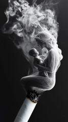 Cigarette smoke shapes mother holding baby over smoldering cigarette. Concept of harm of smoking to health of mother and baby and passive smoking on dark background with copy space.