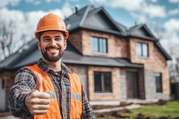 Cheerful construction worker gives a thumbs up in front of a newly built house showcasing positivity and safety