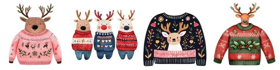 A cheerful display of colorful holiday sweaters featuring reindeer designs, perfect for festive celebrations and cozy winter fashion.