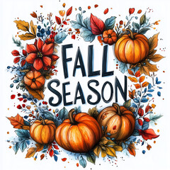 Wall Mural - Fall Season Text with Pumpkins and Berries for Seasonal Decor and Festive Fall Designs