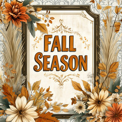 Wall Mural - Fall Season Text with Rustic Floral Frame for Seasonal Decor and Festive Autumn Projects