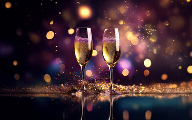 Two champagne flutes filled with sparkling wine sit on a surface covered in gold glitter.  The background is a blurred image of colorful lights and bokeh.