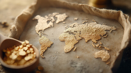 detailed digital map of world is depicted, with gold mines marked across various regions, showcasing allure of treasure and exploration. golden texture adds luxurious feel to map