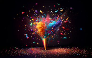 A vibrant explosion of colorful powder and confetti against a dark background.