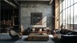 © Agus - An urban living room with concrete walls, steel-framed windows, and a wooden coffee table made from reclaimed wood, paired with dark leather seating