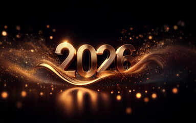 Leinwandbilder - The year 2026 is rendered in gold, set against a dark background with sparkling golden particles swirling around it.