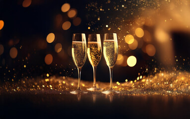 Aufkleber - Three champagne flutes filled with sparkling wine stand on a glittery surface with a bokeh background.