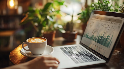 A person is working on a laptop with a cup of coffee next to them