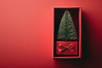 Wall Mural - A festive miniature Christmas tree inside a red gift box with a bow on a minimalist background celebrating the holiday spirit