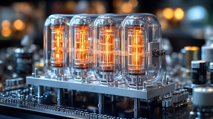 Four glowing Nixie tubes on a circuit board.