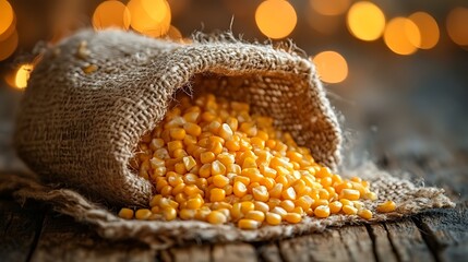 A burlap sack filled with corn kernels spills onto a wooden surface. The background is blurred with warm lights.