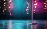 A polished dance pole stands on a reflective surface, surrounded by colorful lights, creating a vibrant and dynamic atmosphere.