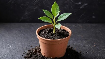 Close-up of a small seedling potted plant with green leaves and fresh soil, spring, botany