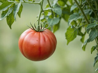 Close-up photo of a ripe red tomato hanging from a green stem, ready to be picked, vine, outdoors