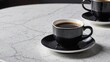 © Sujid - A simple yet elegant black coffee cup and saucer on a white plate, reflection, minimalist