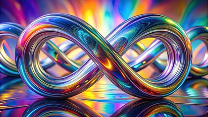 Abstract glass infinity loop shapes on glossy background with holographic twisted circles and rainbow wave textures, Infinity