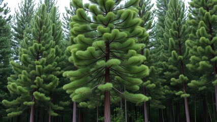 Poster - Tall pine tree standing in a lush green forest, with a dense canopy of needles and a thick trunk, green, pine needles