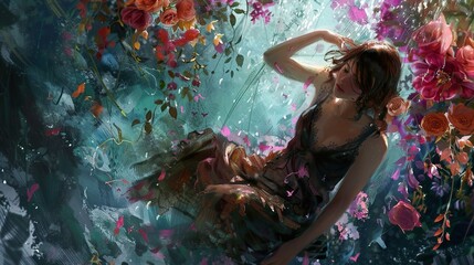 Wall Mural - Dreamy Portrait of a Woman in a Floral Garden