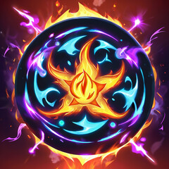 A fiery, swirling starburst symbol within a dark circle, surrounded by vibrant flames and glowing energy. The symbol is yellow, orange, and blue, with purple energy bolts radiating from it.